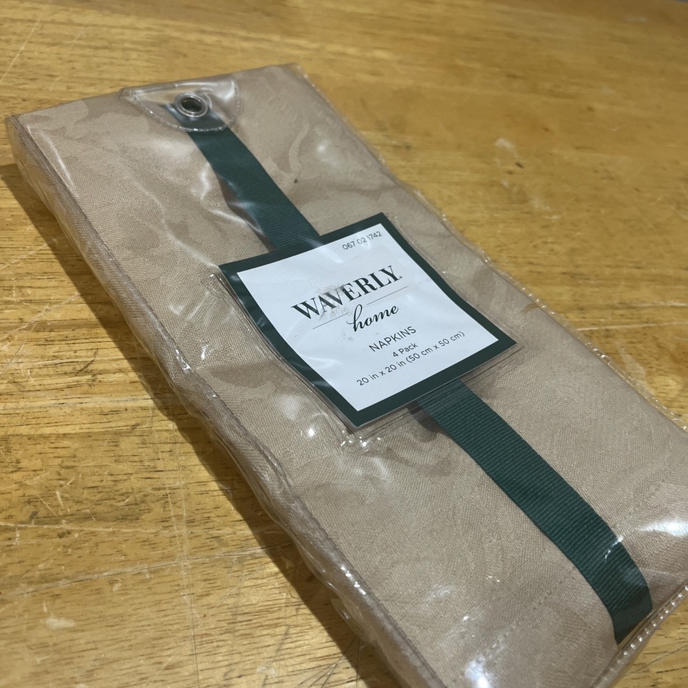 Waverly Home Cotton Table Napkins Four Sealed 20"X 20" Brown Tan Floral Embossed